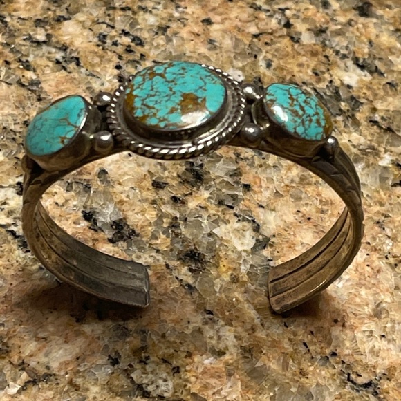 Silver 3 Stone Turquoise cuff Bracelet $2500 Signed - Picture 3 of 11